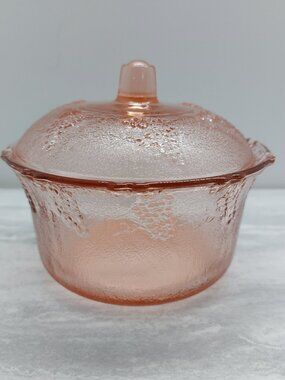 Vintage KIG Indonesia Pink Glass Covered Candy Trinket Dish Grape Vine